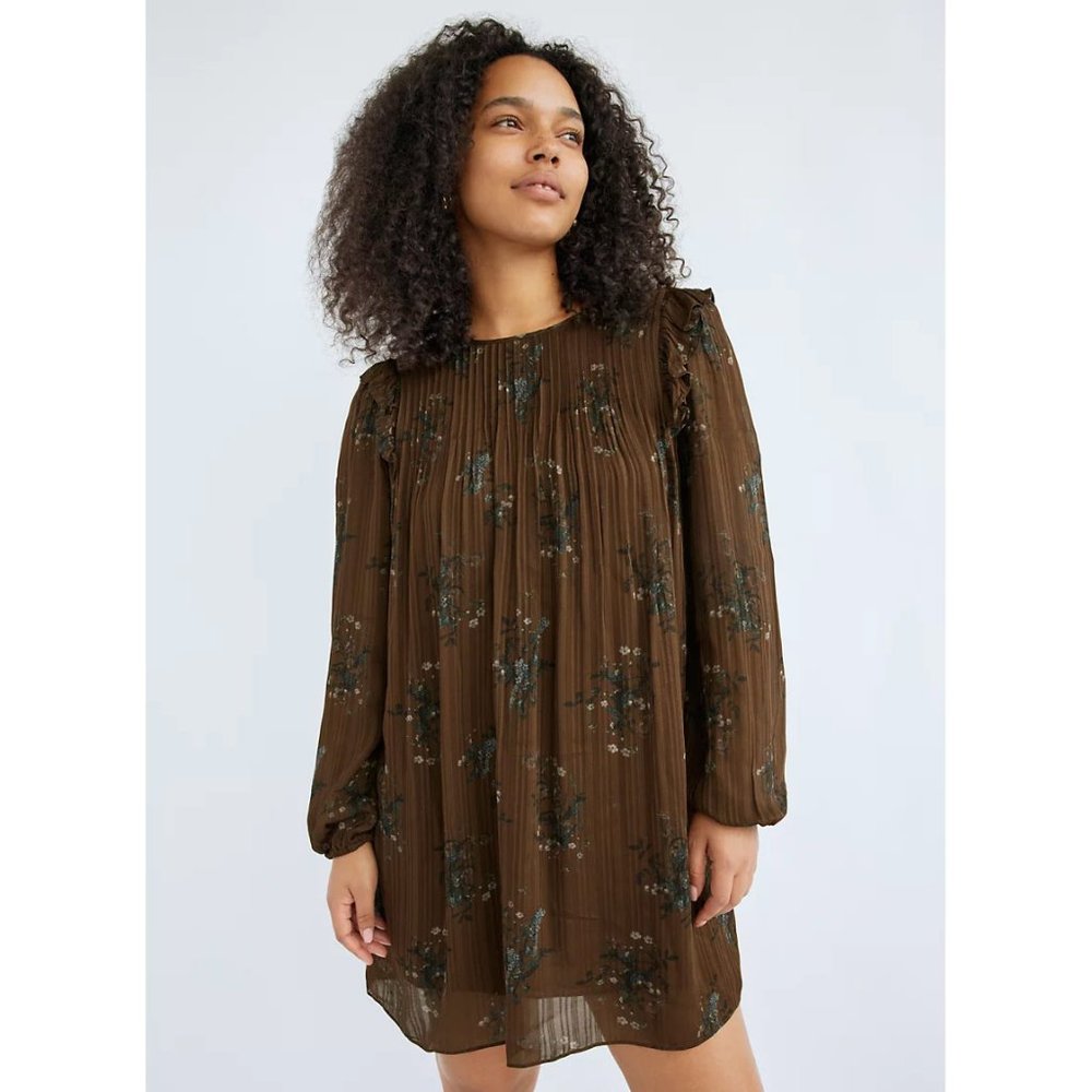 Aritzia Wilfred Paulina brown floral printed floaty prairie mini dress